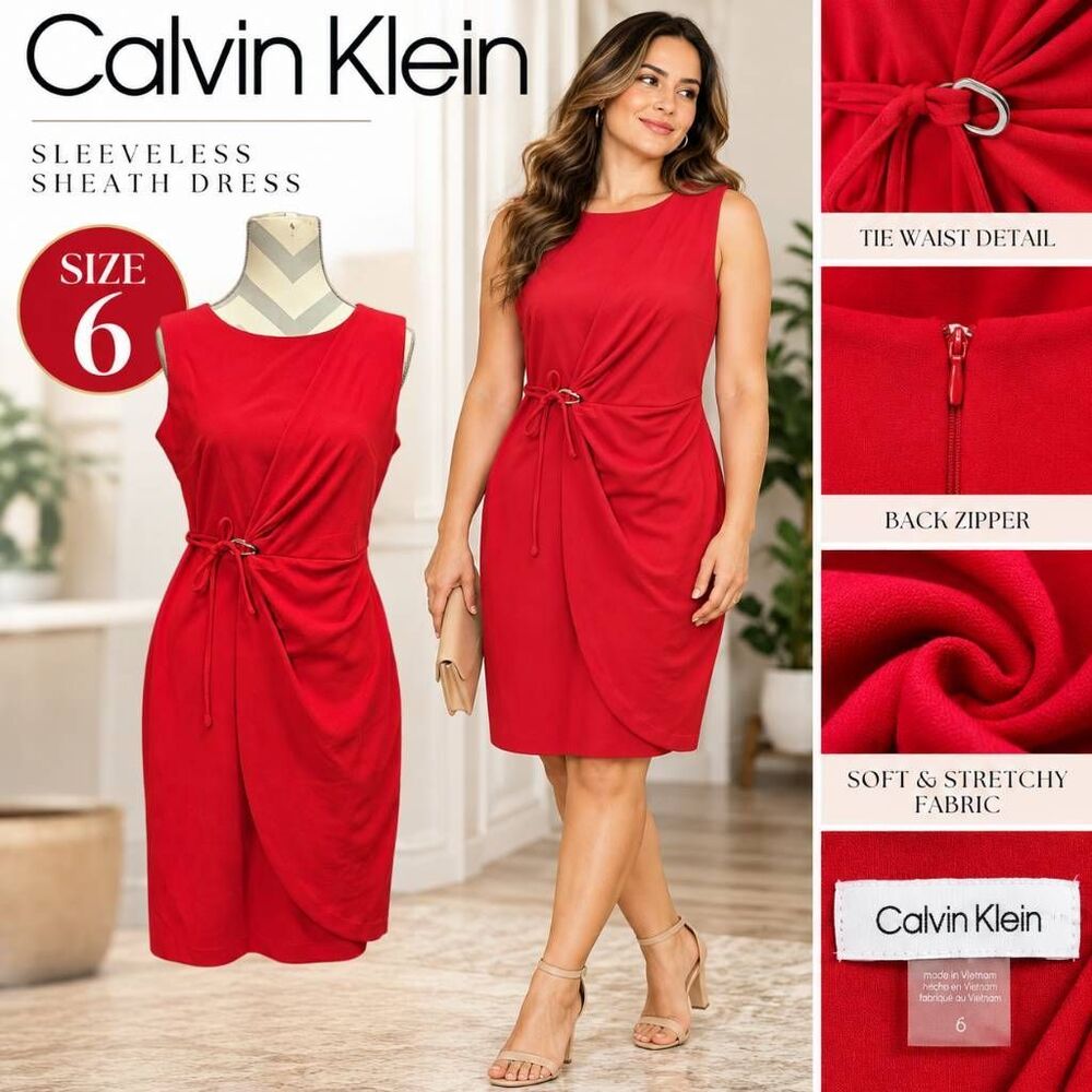 Calvin Klein Women’s Size 6 Red Ruched Tie Waist Sheath Dress Sleeveless